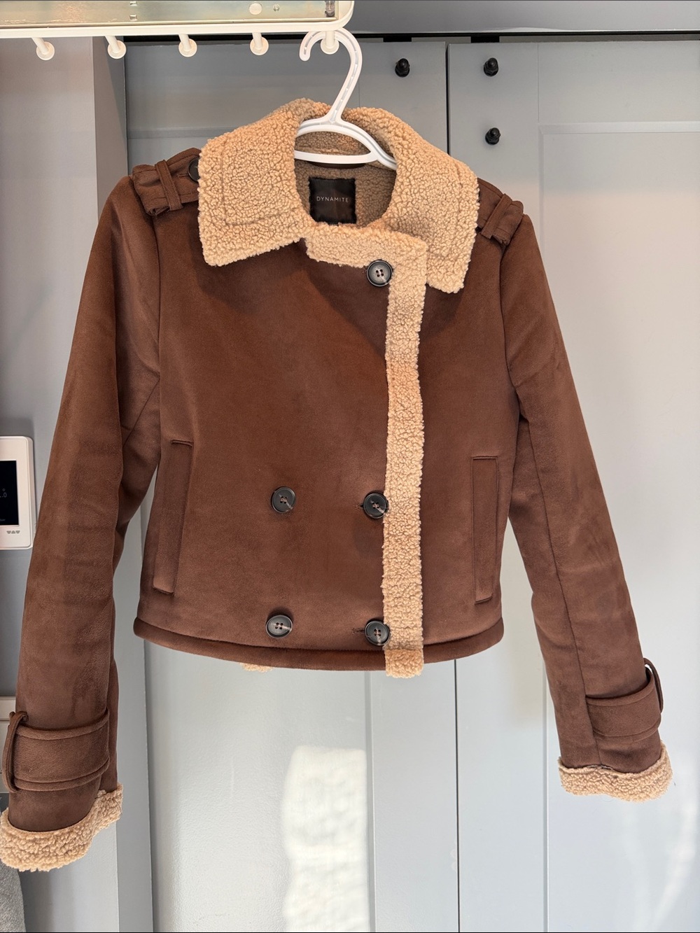 Dynamite Chestnut Brown Cropped Sherpa-Trim Jacket